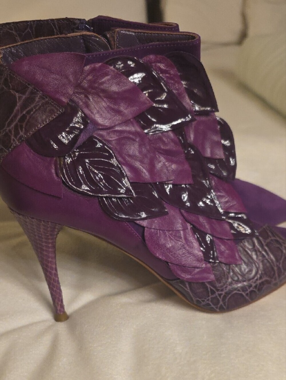Chloe Purple Leather and Suede Leaf-Embellished Heeled Ankle Boots Size 36.5 EU